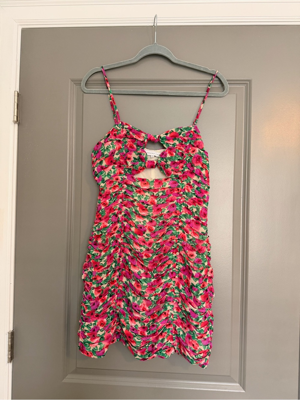 Floral Ruched Spaghetti Strap Women’s Dress - Pink & Green